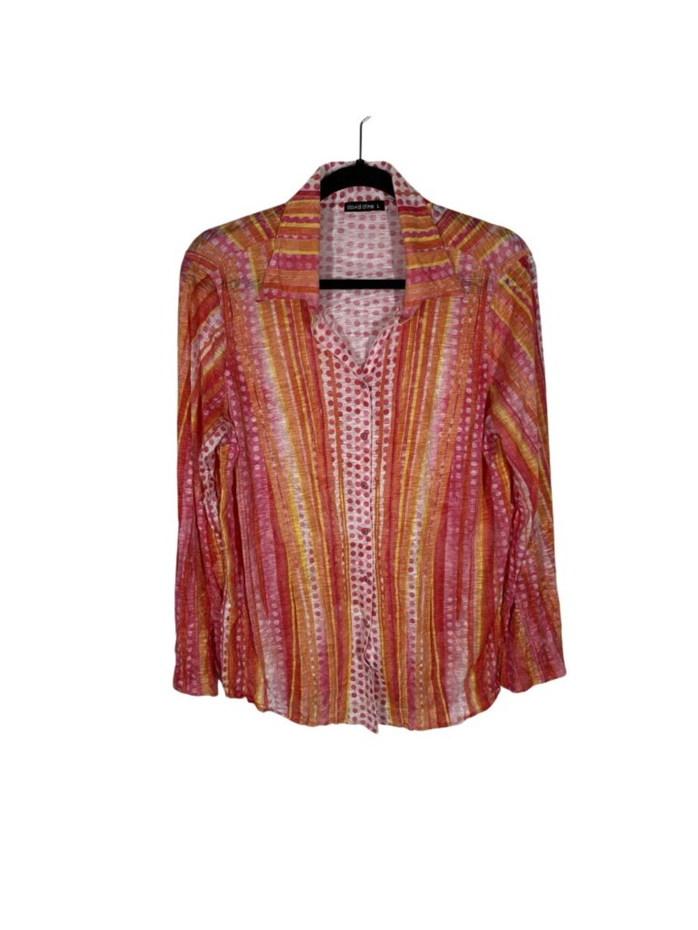 David Cline Women L Pink Orange White Striped Dotted Long Sleeve Button Up Top